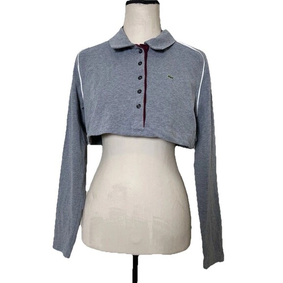 Lacoste Cropped Long Sleeve Polo Top Gray Button Front Women’s Size 46 XL Preppy - Picture 1 of 7